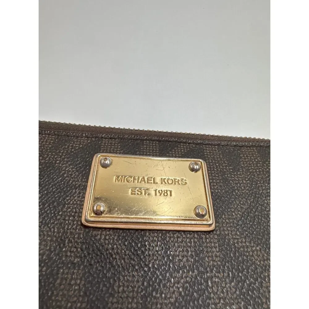 Michael Kors Jet Set Brown Signature Zip Around Wallet Gold Tone Logo Large